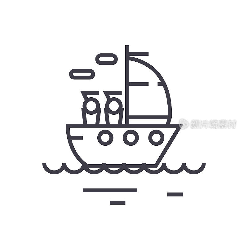 yacht sailing linear icon, sign, symbol, vector on isolated background